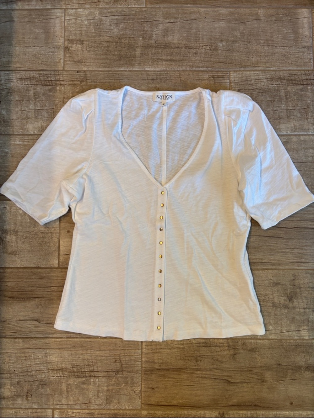 Nation LTD "Jen" button-up top with distinct gold-toned buttons down the front